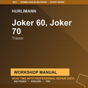 Pode incluir: Um manual de oficina digital para tratores Hurlimann Joker 60 e 70. A capa é marrom com texto branco que diz "Joker 60, Joker 70 Tractor". O manual inclui 546 páginas de dados de reparo em inglês.