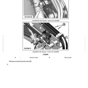May include: Diagram of mechanical components with labels A and B, screws and nuts. The image includes the text "ZX1049185-UN: Sensor-Up to S.N. 052999" and "ZX329013-UN: Sensor-From S.N. 053000". The legend indicates the use of screws and nuts.