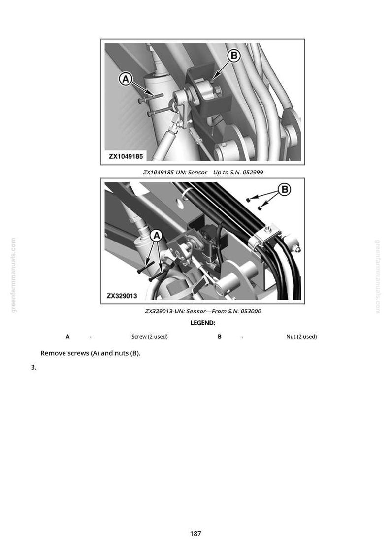 May include: Diagram of mechanical components with labels A and B, screws and nuts. The image includes the text "ZX1049185-UN: Sensor-Up to S.N. 052999" and "ZX329013-UN: Sensor-From S.N. 053000". The legend indicates the use of screws and nuts.
