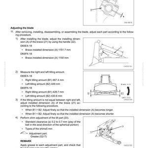 May include: Diagram of a dozer blade assembly with detailed instructions for adjustment, including measurements in millimeters. The image includes diagrams and text, with labels for different parts and procedures.