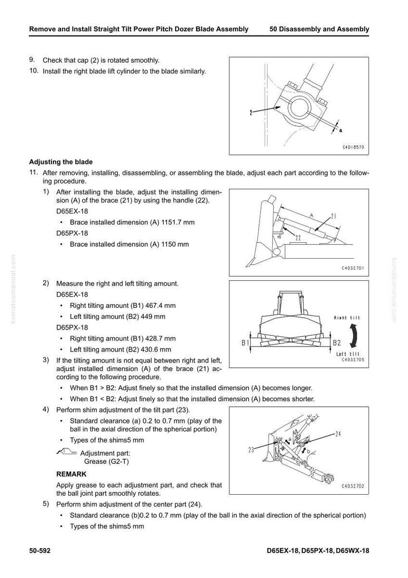 May include: Diagram of a dozer blade assembly with detailed instructions for adjustment, including measurements in millimeters. The image includes diagrams and text, with labels for different parts and procedures.
