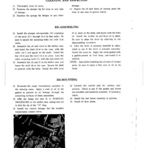 May include: A black and white technical diagram with text detailing the cleaning, inspection, re-assembling, and re-mounting procedures for a range transmission shifter. The diagram includes numbered steps and illustrations.