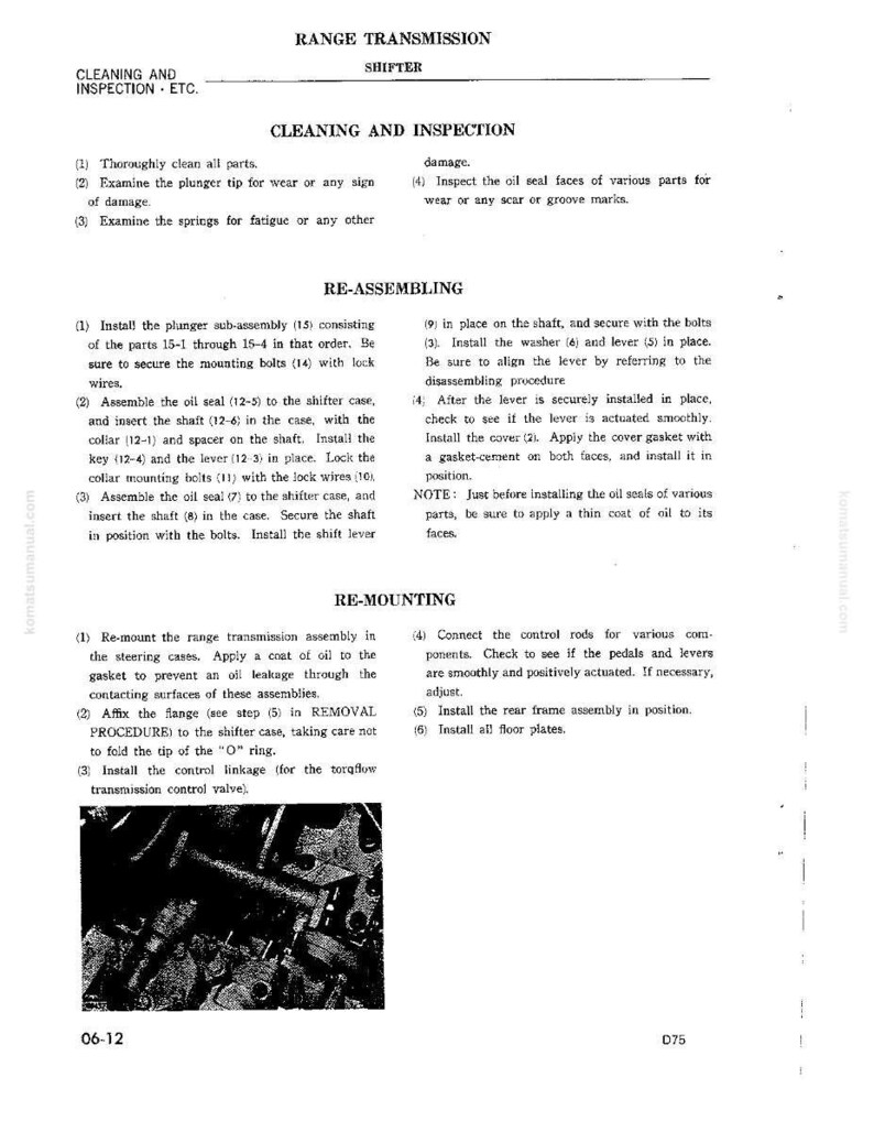 May include: A black and white technical diagram with text detailing the cleaning, inspection, re-assembling, and re-mounting procedures for a range transmission shifter. The diagram includes numbered steps and illustrations.