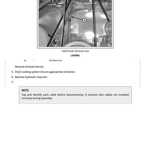 May include: Diagram of an oil drain line (A) with the text "YC0019-UN: Oil Drain Line." The image includes instructions to remove the oil drain line, drain the cooling system, and remove the hydraulic reservoir. A note advises tagging and identifying cables.