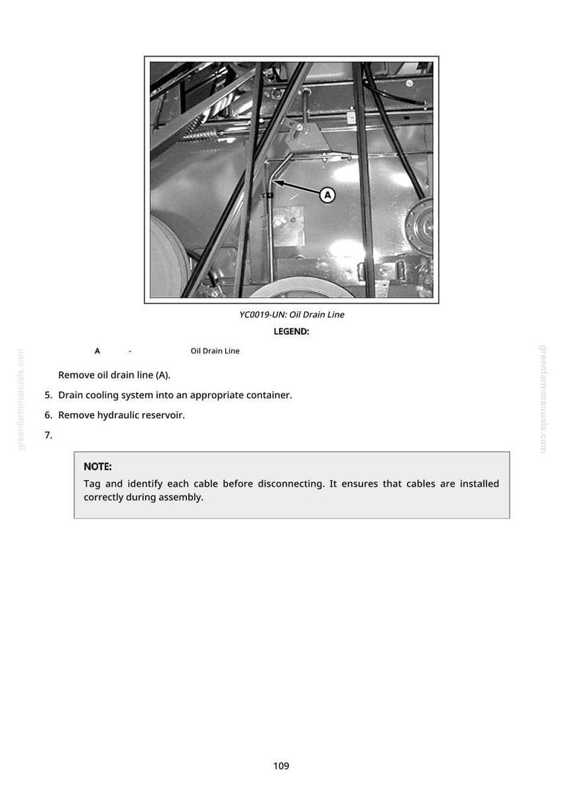 May include: Diagram of an oil drain line (A) with the text "YC0019-UN: Oil Drain Line." The image includes instructions to remove the oil drain line, drain the cooling system, and remove the hydraulic reservoir. A note advises tagging and identifying cables.