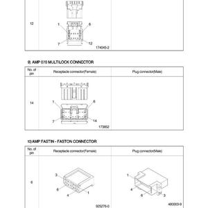 May include: Diagram of electrical connectors, including AMP 040, AMP 070, and AMP FASTIN - FASTON models. Each connector type is shown with both female receptacle and male plug connector views, with pin counts and part numbers.