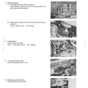 May include: A page from a manual detailing engine and dashboard disassembly and assembly. The text includes instructions for the engine dashboard, universal joint, tilt piping, and scavenging pump outlet tube. The page has several diagrams.