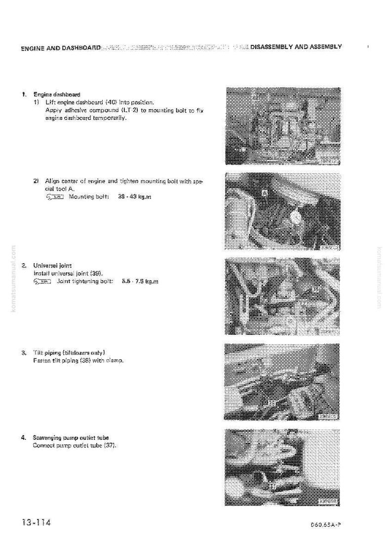 May include: A page from a manual detailing engine and dashboard disassembly and assembly. The text includes instructions for the engine dashboard, universal joint, tilt piping, and scavenging pump outlet tube. The page has several diagrams.