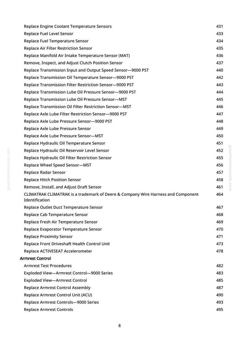 May include: A white page with a list of automotive repair and maintenance procedures, including sensor replacements and armrest control instructions. The text is in black, with a numbered list format.