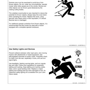 May include: A safety manual page with the title "Safety." The page includes text about avoiding injury from thrown objects and using safety lights and devices. Illustrations show a person being hit by objects and using lights.