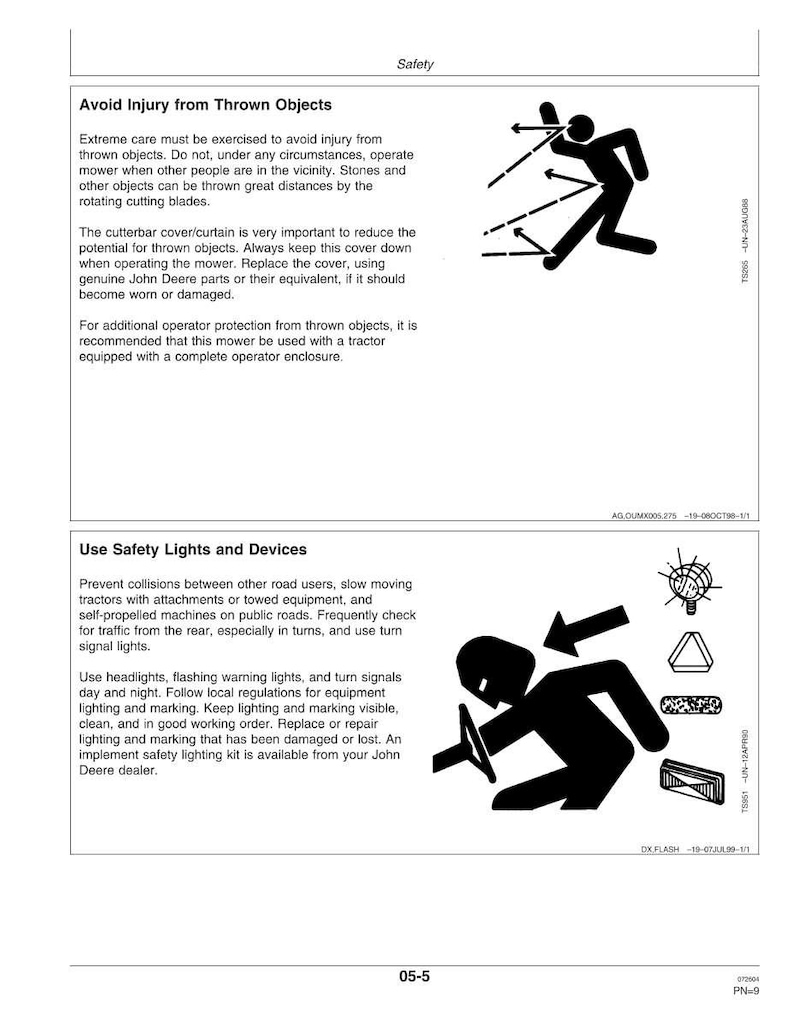 May include: A safety manual page with the title "Safety." The page includes text about avoiding injury from thrown objects and using safety lights and devices. Illustrations show a person being hit by objects and using lights.