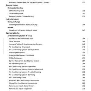K&ouml;nnte beinhalten: Eine Seite aus einem Handbuch mit Inhaltsverzeichnis. Der Text umfasst Abschnitte zu Endantrieb, Hinterachse, Lenkung, Hydraulik und Klimaanlagen. Seitenzahlen sind rechts aufgef&uuml;hrt.