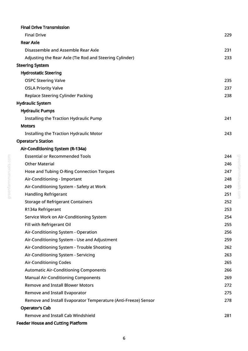 K&ouml;nnte beinhalten: Eine Seite aus einem Handbuch mit Inhaltsverzeichnis. Der Text umfasst Abschnitte zu Endantrieb, Hinterachse, Lenkung, Hydraulik und Klimaanlagen. Seitenzahlen sind rechts aufgef&uuml;hrt.