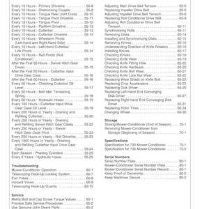May include: A page from a manual with a table of contents, listing maintenance and service procedures for a mower-conditioner. The table includes topics like driveline, cutterbar, and hydraulic hoses.