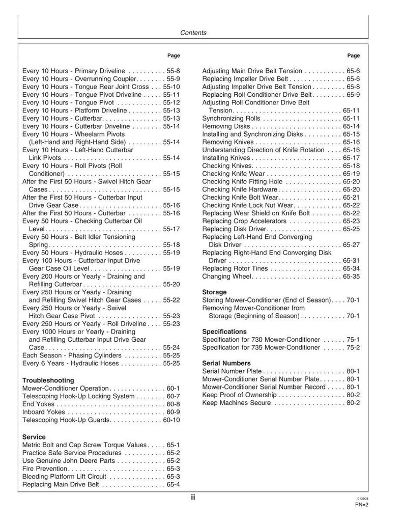 May include: A page from a manual with a table of contents, listing maintenance and service procedures for a mower-conditioner. The table includes topics like driveline, cutterbar, and hydraulic hoses.