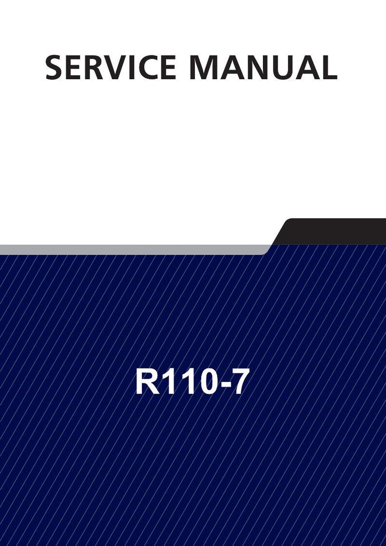 Puede incluir: Una portada de manual de servicio con el texto "SERVICE MANUAL" en negrita, en negro. La secci&oacute;n inferior tiene el texto "R110-7" en blanco. El fondo es azul oscuro con l&iacute;neas diagonales blancas.