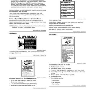 May include: A page of safety labels with text, including warnings and cautions. The labels address potential hazards like fire, rotating blades, and injury. The text is in English, with instructions and warnings for safe operation.