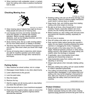 May include: Safety guidance for lawn mowing, featuring warnings about rotating blades, checking the mowing area, and safe parking procedures. Includes diagrams and text detailing potential hazards and how to avoid them.