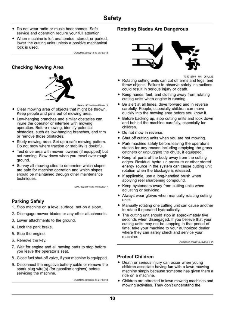 May include: Safety guidance for lawn mowing, featuring warnings about rotating blades, checking the mowing area, and safe parking procedures. Includes diagrams and text detailing potential hazards and how to avoid them.