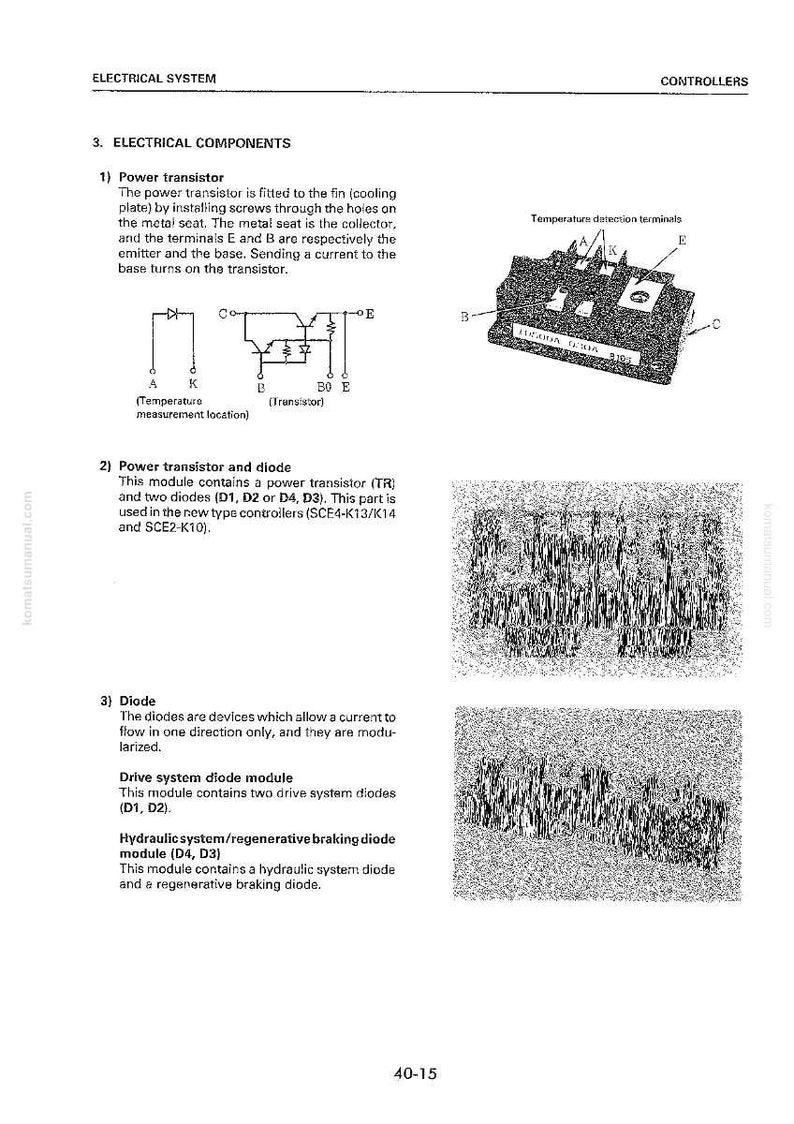 Op de afbeelding: Een pagina uit een handleiding met elektrische componenten, waaronder een vermogenstransistor, een vermogenstransistor en diode, en een diode. Diagrammen en tekst leggen de functie en structuur van elke component uit. De pagina is getiteld "Elektrisch systeem" en "Controllers".