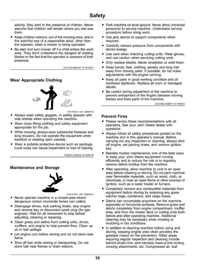 May include: A safety manual page with instructions for machinery operation. Topics include appropriate clothing, fire prevention, and maintenance. The text is accompanied by illustrations and safety warnings.