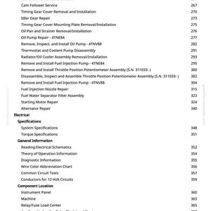 May include: A detailed table of contents from a manual, listing various engine repair and maintenance procedures. The text is black on a white background, with page numbers on the right. Topics include fuel injection, electrical systems, and component locations.