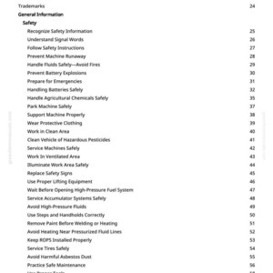 May include: A manual's contents page, titled "Table of Contents", detailing safety information. The text is black on white, covering topics like safety instructions, fluid handling, and hazard avoidance. Page number is 2.