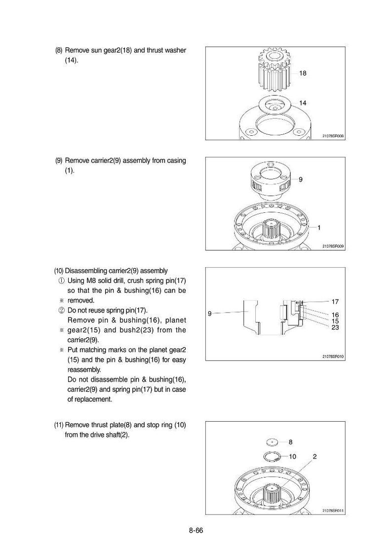 May include: Diagram of mechanical components, including gears, washers, and a carrier assembly. The image provides instructions for disassembly and reassembly, with numbered parts and labels for clarity. The diagram is in black and white.