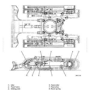 May include: Detailed technical diagram of a track frame and recoil spring assembly. The image includes labeled components such as the idler, track frame, sliding plate, travel motor, sprocket, track roller, track shoe, spacer, and guard.