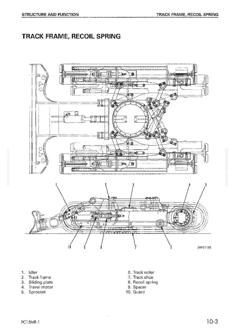May include: Detailed technical diagram of a track frame and recoil spring assembly. The image includes labeled components such as the idler, track frame, sliding plate, travel motor, sprocket, track roller, track shoe, spacer, and guard.