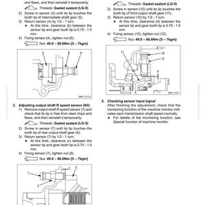 Pu&ograve; includere: Diagramma della procedura di regolazione del sensore di velocit&agrave; della trasmissione. L'immagine include illustrazioni dettagliate dei componenti e istruzioni per la regolazione dei sensori di velocit&agrave; intermedi, dell'albero di uscita F e dell'albero di uscita R. Include le specifiche di coppia.