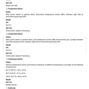 May include: A white page with black text detailing automotive sensor testing procedures. Instructions include steps for temperature sensors and continuity checks, with temperature measurements in Celsius and resistance values in Ohms.