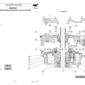 Puede incluir: Diagrama detallado de una caja de cambios de tractor con inversor mec&aacute;nico, con lista de piezas y figuras. El dibujo t&eacute;cnico es en blanco y negro, mostrando los componentes internos.
