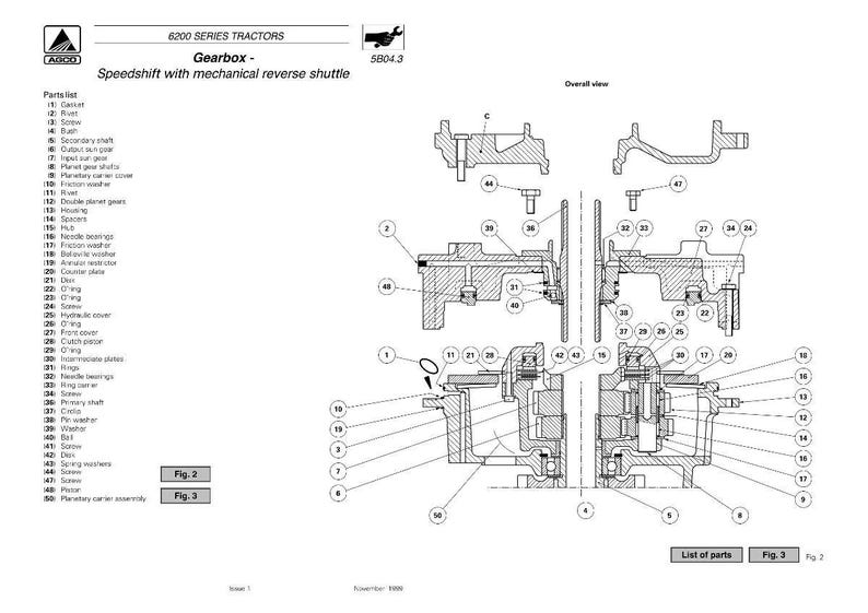 Puede incluir: Diagrama detallado de una caja de cambios de tractor con inversor mec&aacute;nico, con lista de piezas y figuras. El dibujo t&eacute;cnico es en blanco y negro, mostrando los componentes internos.