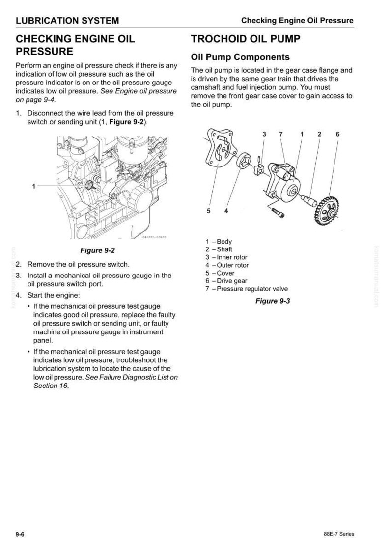 May include: Diagram of an engine oil pressure check procedure. Includes illustrations of engine components, oil pump parts, and instructions for troubleshooting low oil pressure. Text includes steps for checking and maintaining the lubrication system.