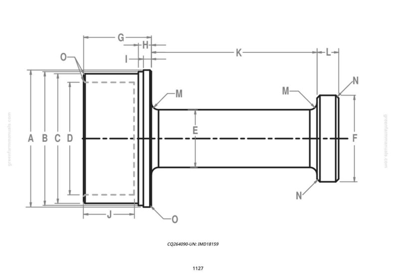 Op de afbeelding: Technische tekening van een cilindrisch onderdeel met gedetailleerde afmetingen, gelabeld van A tot en met N. De zwart-wit tekening toont een zijaanzicht van het onderdeel, met afmetingen in centimeters.