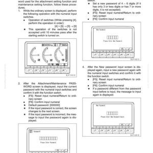Pode incluir: Uma p&aacute;gina de um manual do monitor da m&aacute;quina com instru&ccedil;&otilde;es sobre como alterar a senha. A p&aacute;gina inclui diagramas da tela do monitor e etapas para inserir e confirmar novas senhas. O texto est&aacute; em ingl&ecirc;s.