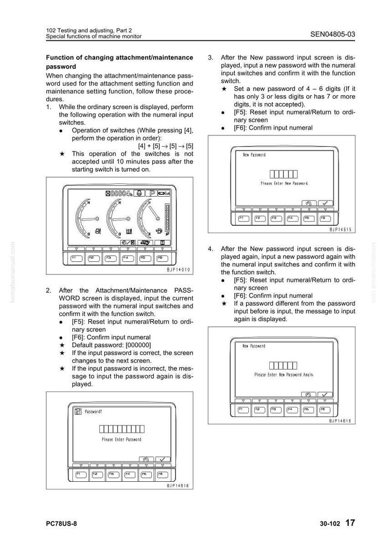 Pode incluir: Uma p&aacute;gina de um manual do monitor da m&aacute;quina com instru&ccedil;&otilde;es sobre como alterar a senha. A p&aacute;gina inclui diagramas da tela do monitor e etapas para inserir e confirmar novas senhas. O texto est&aacute; em ingl&ecirc;s.