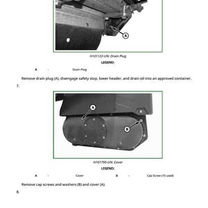 May include: Diagram of mechanical components, including a drain plug and cover, with labels A and B. Text indicates the removal of parts for maintenance. The image is a technical illustration.
