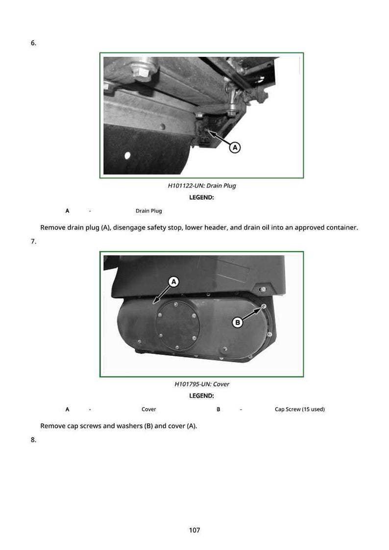 May include: Diagram of mechanical components, including a drain plug and cover, with labels A and B. Text indicates the removal of parts for maintenance. The image is a technical illustration.
