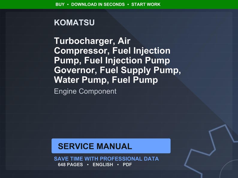 K&ouml;nnte beinhalten: Dunkelblaues digitales Dokument mit dem KOMATSU-Logo und einer Liste von Motorkomponenten, darunter Turbolader und Kraftstoffeinspritzpumpe. Der Text "SERVICE MANUAL" wird in einem blauen Feld mit Details zum Dokumentinhalt angezeigt.