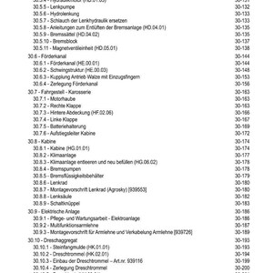 Op de afbeelding: Een Duitse inhoudsopgave met onderdelen zoals hydraulische systemen, remmen en elektrische componenten. Paginanummers staan rechts van de items.