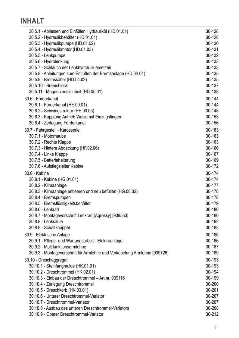 Op de afbeelding: Een Duitse inhoudsopgave met onderdelen zoals hydraulische systemen, remmen en elektrische componenten. Paginanummers staan rechts van de items.