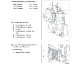 K&ouml;nnte beinhalten: Technische Zeichnung zur Demontage eines Motors, mit detaillierten Illustrationen und nummerierten Komponenten. Textbeschriftungen identifizieren Teile wie Induktivsensoren und &Ouml;lablassschrauben. Das Bild stammt aus einem technischen Handbuch.
