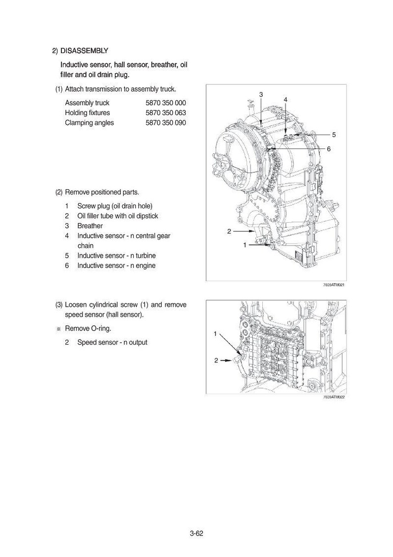 K&ouml;nnte beinhalten: Technische Zeichnung zur Demontage eines Motors, mit detaillierten Illustrationen und nummerierten Komponenten. Textbeschriftungen identifizieren Teile wie Induktivsensoren und &Ouml;lablassschrauben. Das Bild stammt aus einem technischen Handbuch.