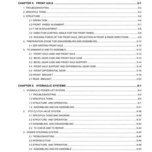 May include: A detailed table of contents from a manual, with headings and subheadings for mechanical systems. Topics include front axle, hydraulic systems, and power steering, with page numbers listed.