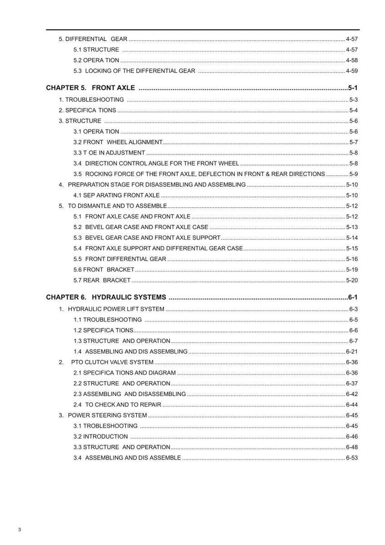 May include: A detailed table of contents from a manual, with headings and subheadings for mechanical systems. Topics include front axle, hydraulic systems, and power steering, with page numbers listed.