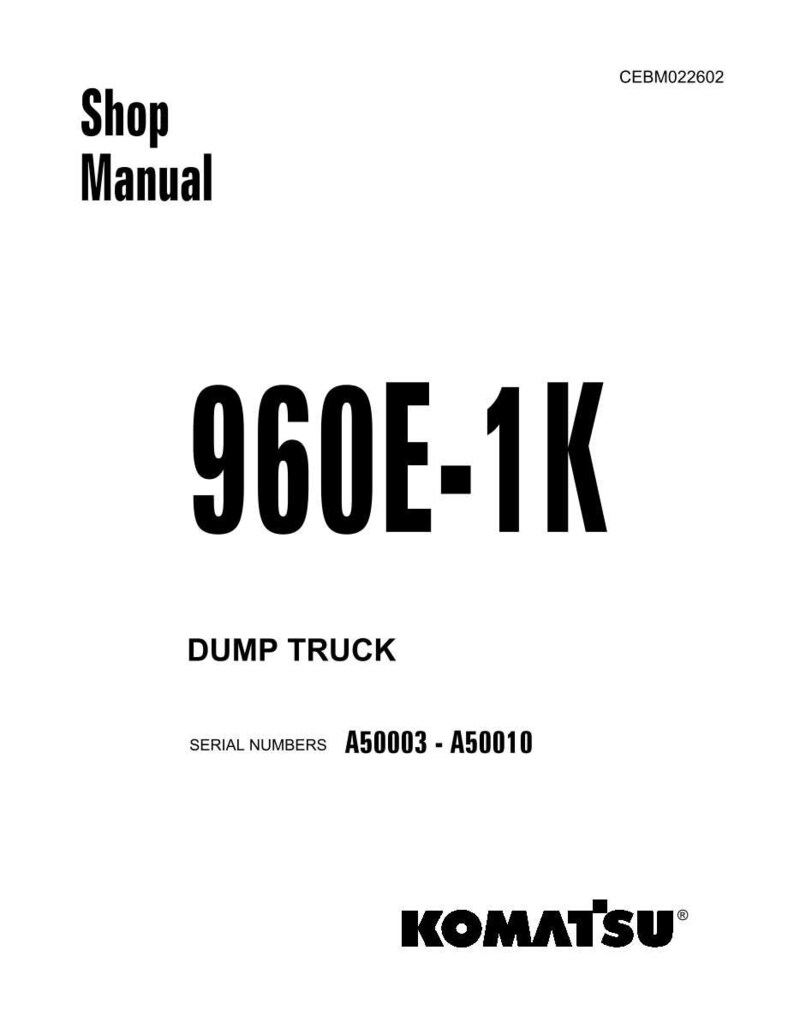 May include: A white shop manual cover with black text. The title "Shop Manual" is at the top, and the large text "960E-1K" is in the centre. Below, it reads "DUMP TRUCK" and "SERIAL NUMBERS A50003 - A50010". The Komatsu logo is at the bottom.