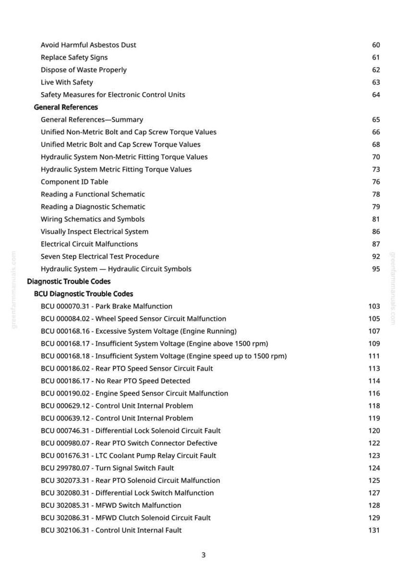 May include: A page from a manual with a white background, listing safety guidelines and diagnostic trouble codes. The text includes headings such as "Avoid Harmful Asbestos Dust" and "BCU Diagnostic Trouble Codes", with various fault descriptions.