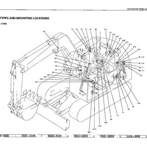 May include: Diagram of an excavator with labels for connector types and mounting locations. The text "CONNECTOR TYPES AND MOUNTING LOCATIONS" and "Serial No. 62374-57909" are visible. The image is a technical illustration.